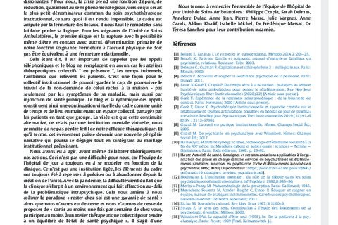Publication : Psychothérapie institutionnelle en situation de confinement : Adaptation du cadre en hôpital de jour. Vers une institution mentale virtuelle