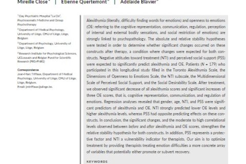 Publication : l'alexithymie et l'ouverture émotionnelle se modulent-elles après une prise en charge en hôpital de jour ?